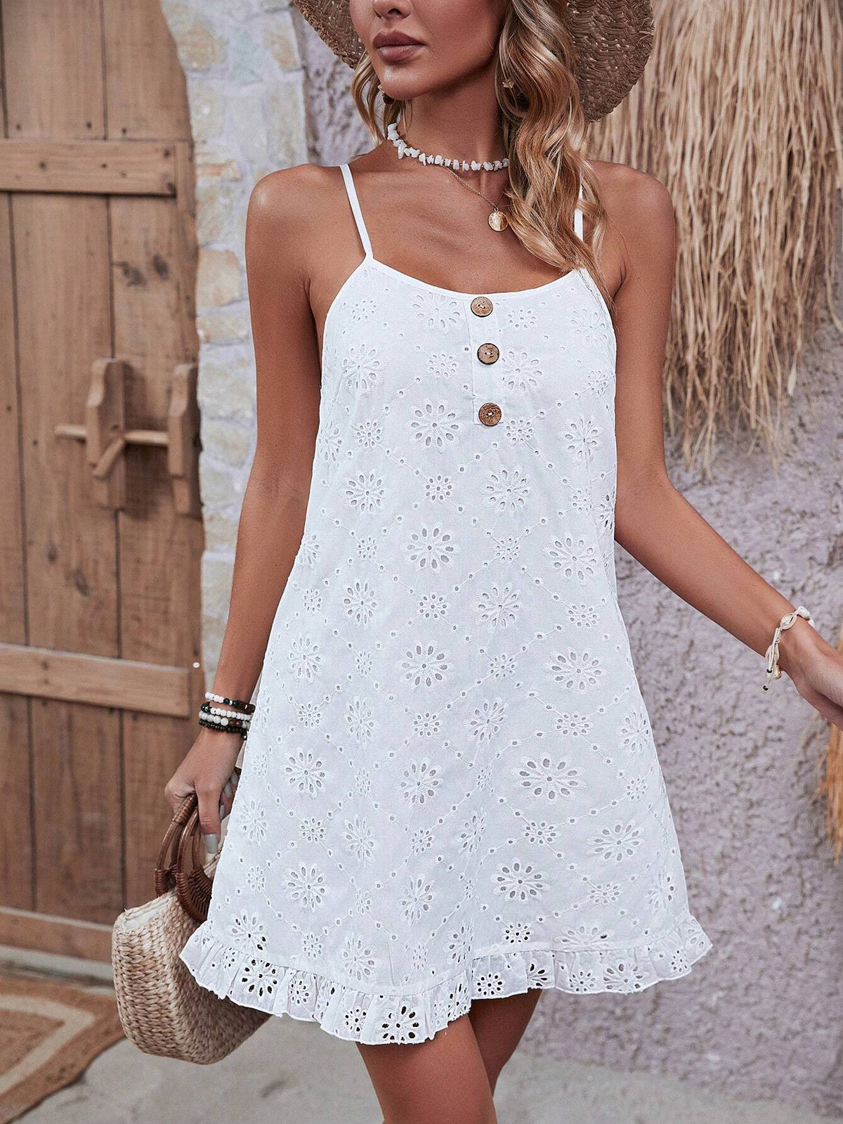 Women's Frenchy Eyelet Embroidery Ruffle Hem Cami Dress Sleeveless High Waist White Dress