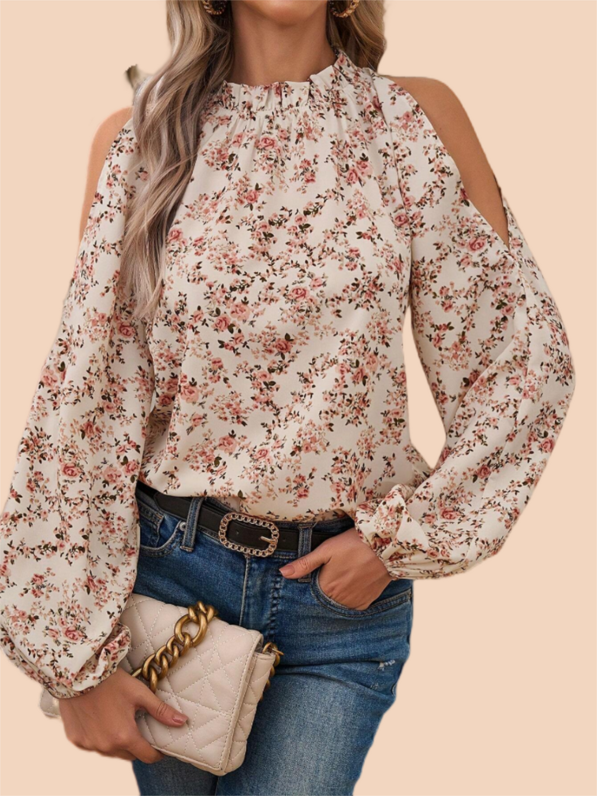 Frenchy Women's Open Shoulder Lantern Sleeve Casual Shirt With Ditsy Floral