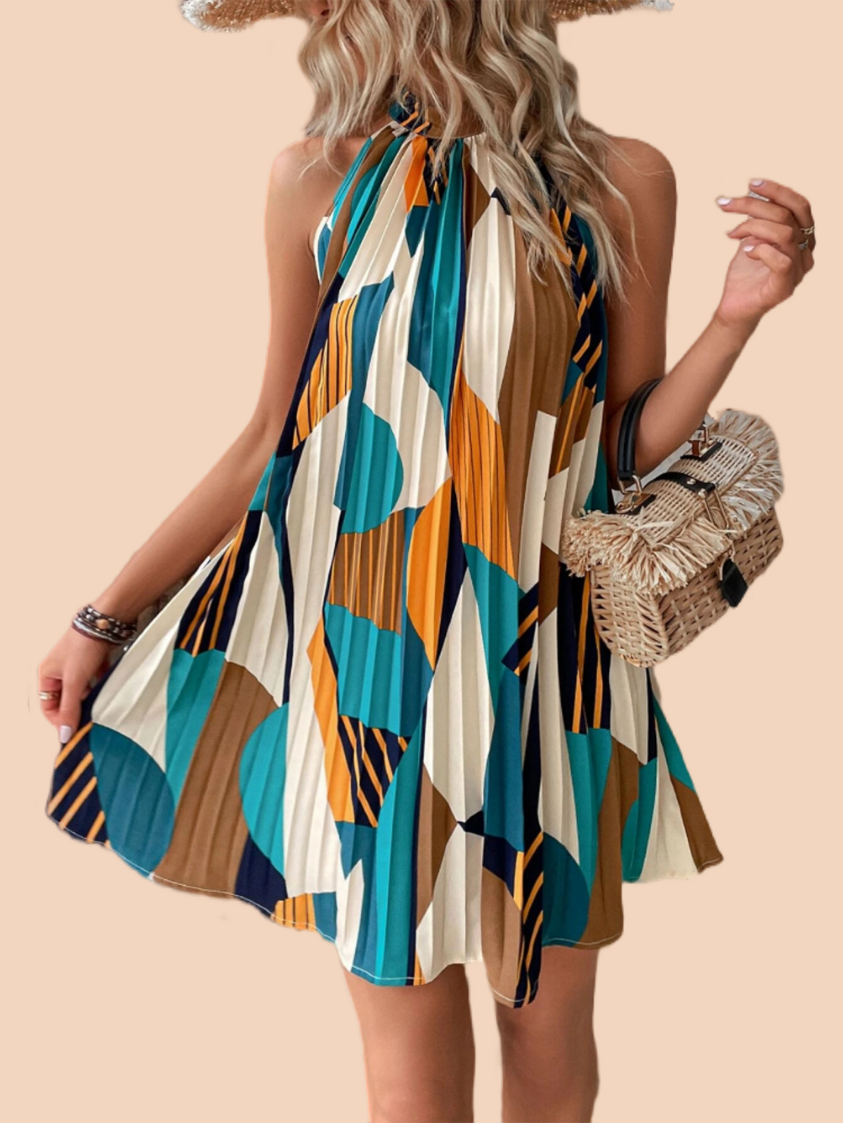 Geo Print Pleated Hem Halter Dress