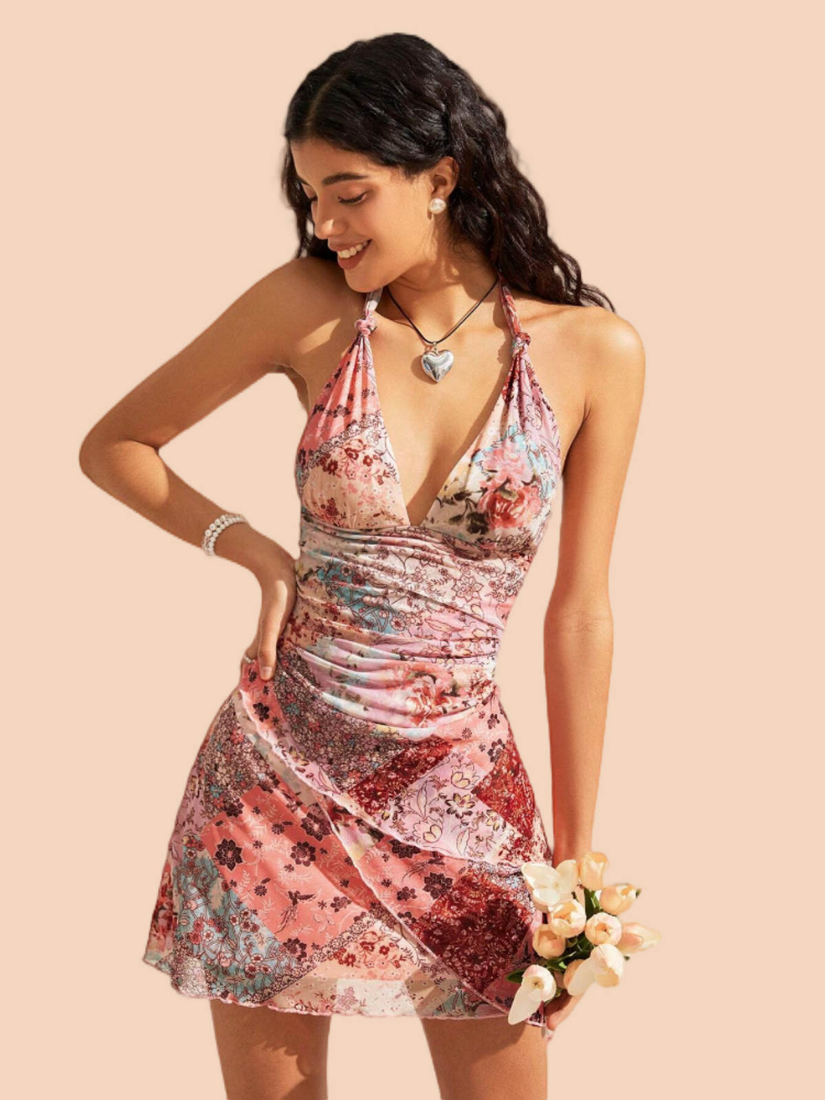 Women's Floral Print Sleeveless Halter Deep V Tie Mini Dress Ruched Backless Slim Fit Cami Dresses Knot Boho Dress