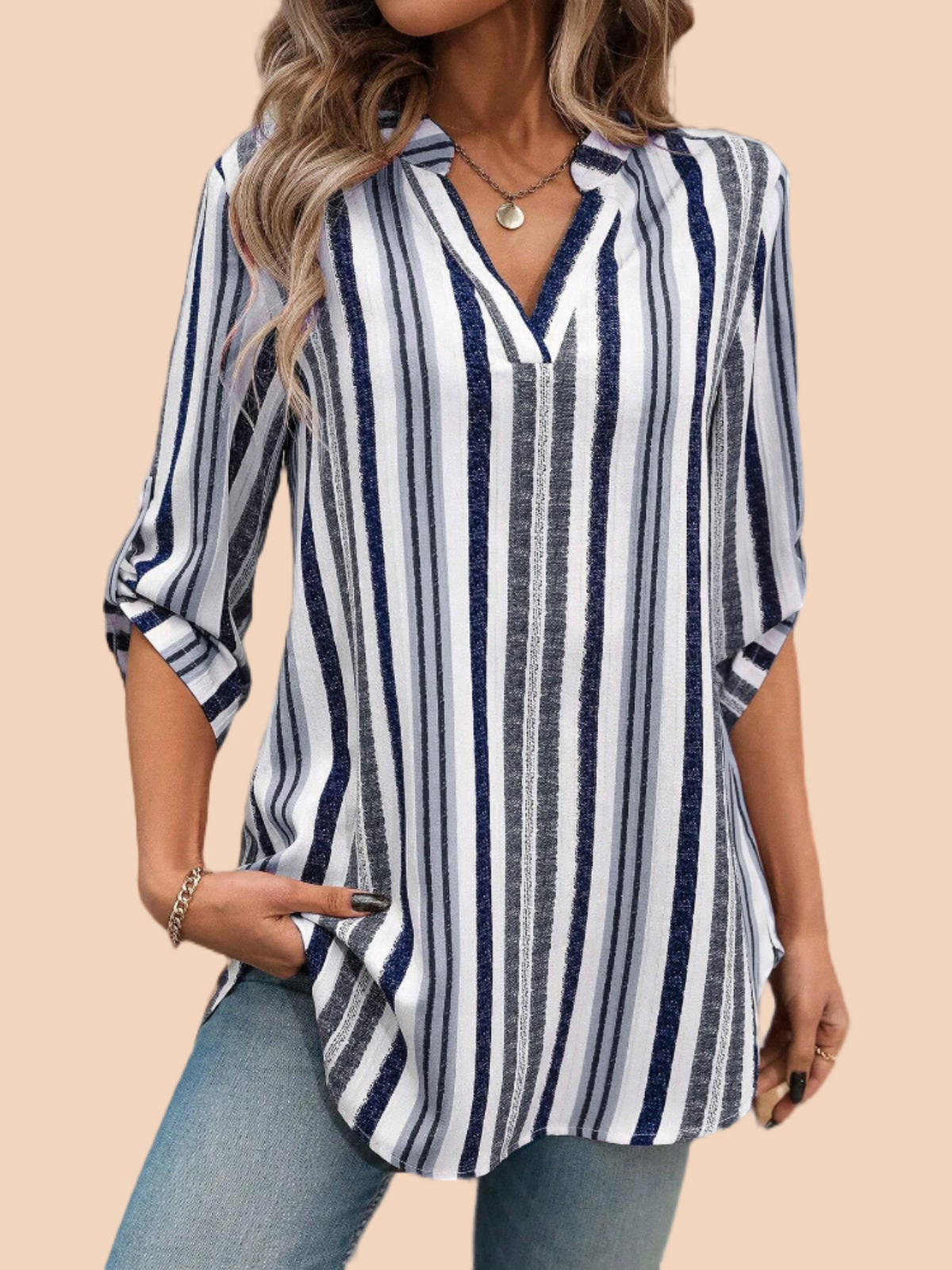 Women Shirts Striped Notched Roll Tab Sleeve Blouse Shirts