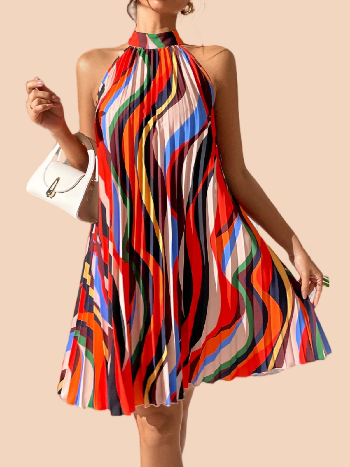 Allover Print Pleated Halter Dress