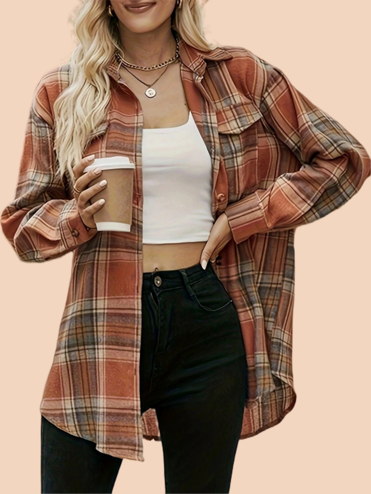 Plaid Collared Neck Long Sleeve Coat