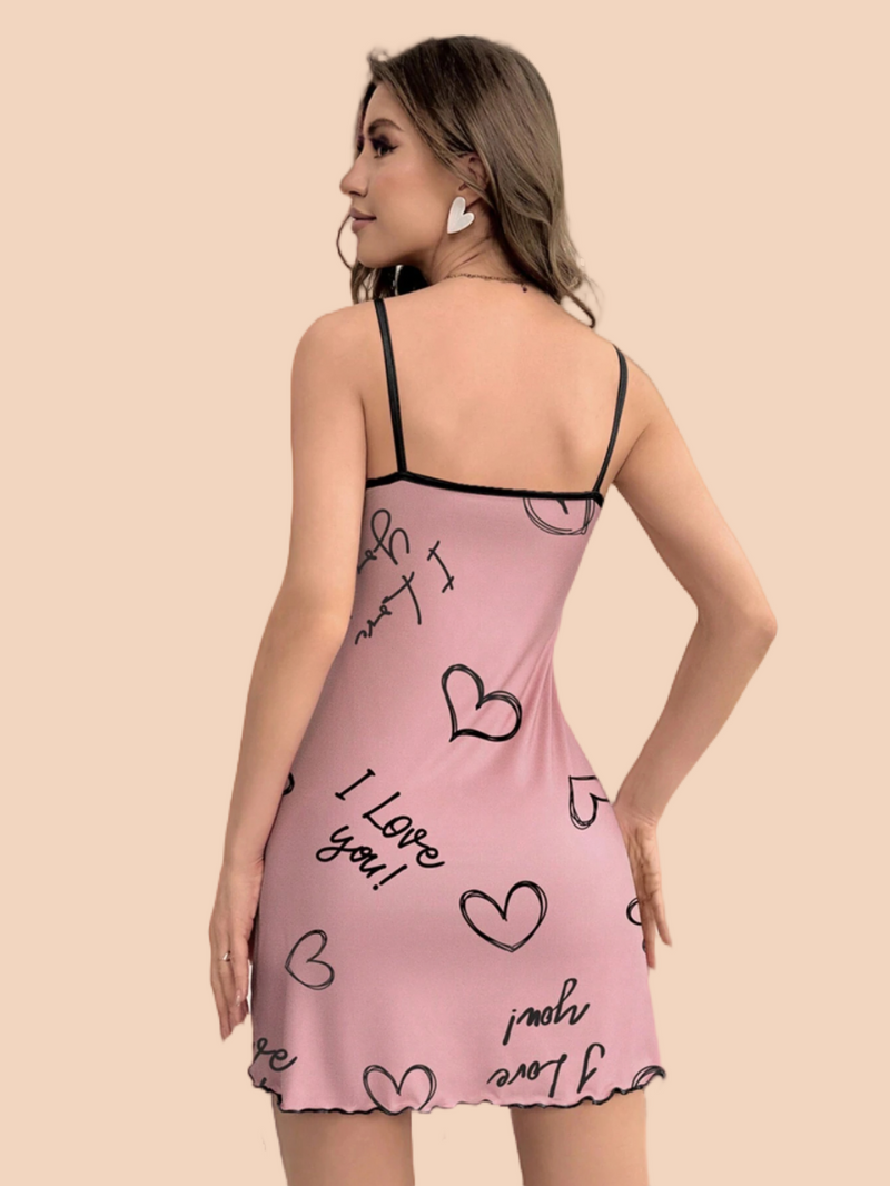 Heart Letter Printed Slip Loungewear Pajama Dress