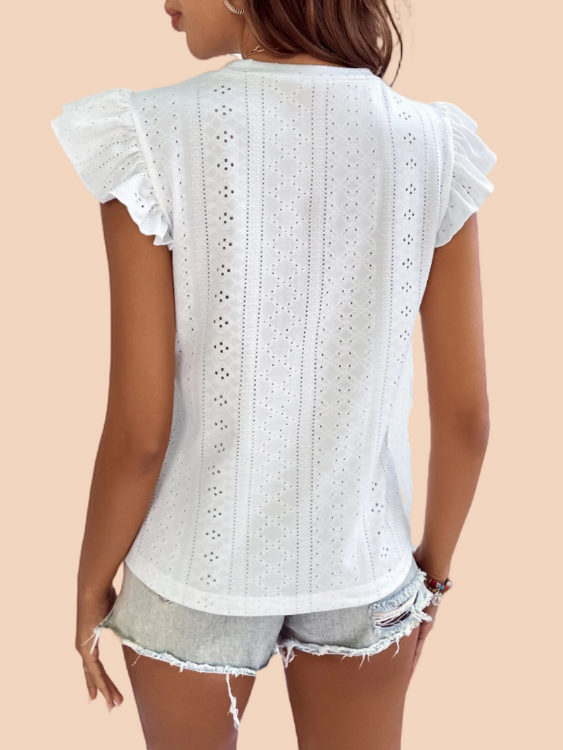 Women's Eyelet Embroidery Ruffle Cap Sleeve Crew Neck Summer Boho Top T Shirt