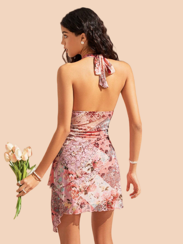 Women's Floral Print Sleeveless Halter Deep V Tie Mini Dress Ruched Backless Slim Fit Cami Dresses Knot Boho Dress