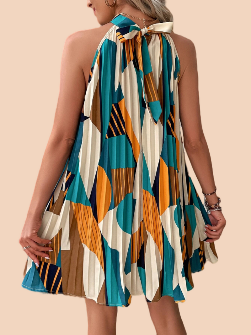 Geo Print Pleated Hem Halter Dress