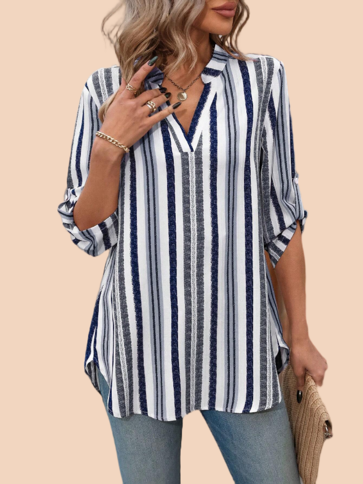 Women Shirts Striped Notched Roll Tab Sleeve Blouse Shirts