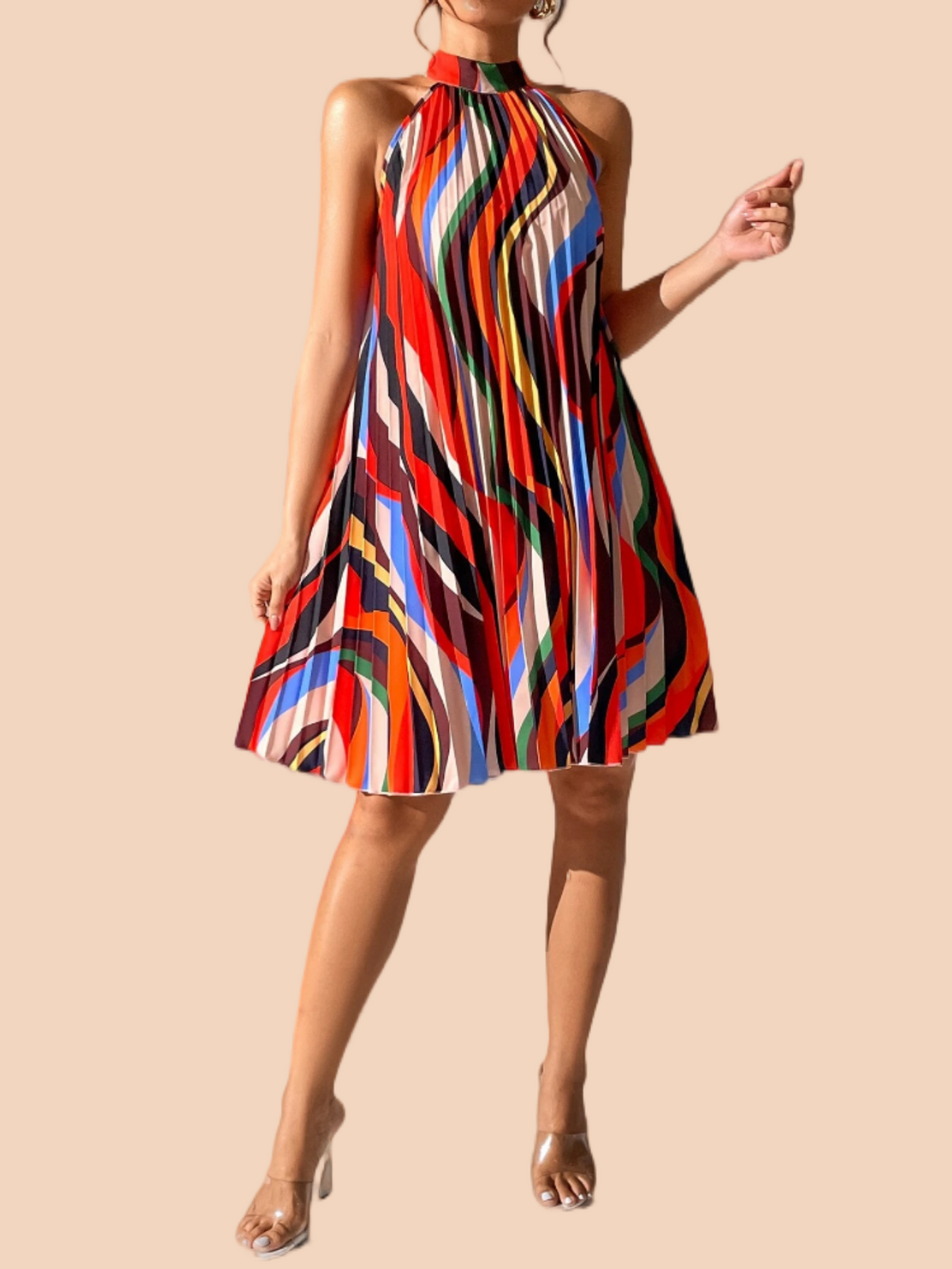 Allover Print Pleated Halter Dress