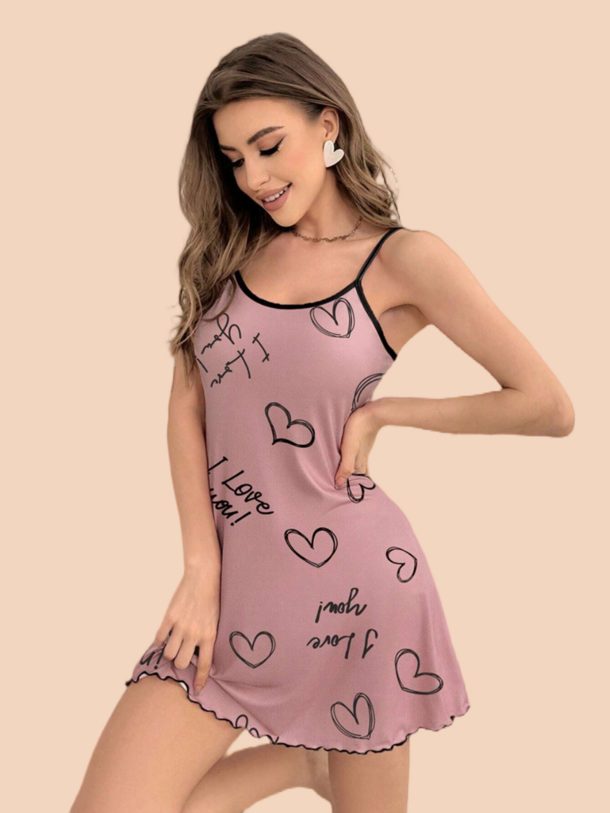 Heart Letter Printed Slip Loungewear Pajama Dress