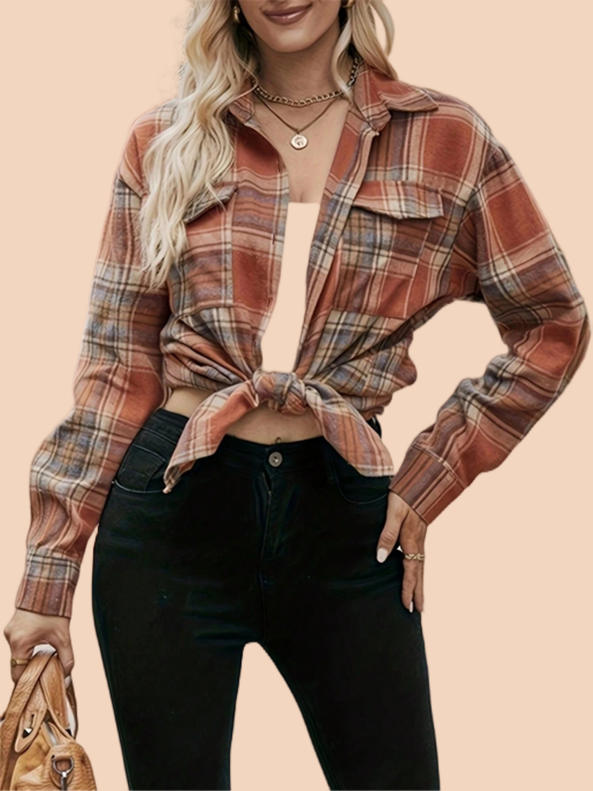 Plaid Collared Neck Long Sleeve Coat