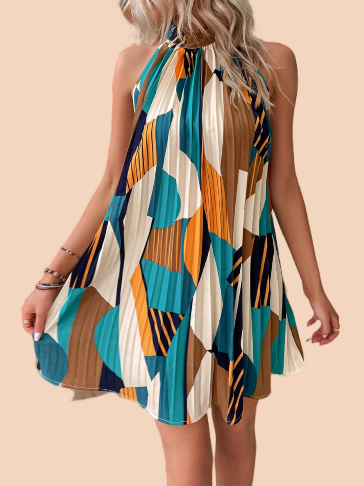 Geo Print Pleated Hem Halter Dress