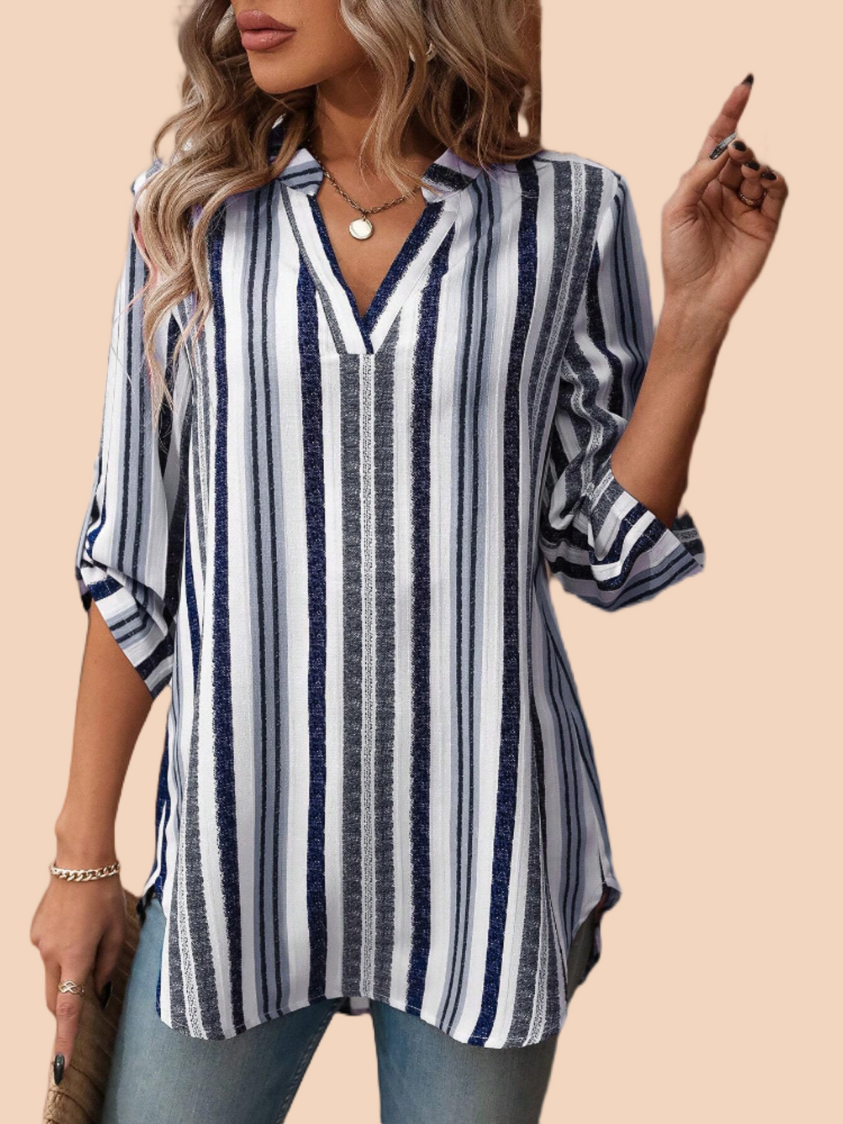 Women Shirts Striped Notched Roll Tab Sleeve Blouse Shirts