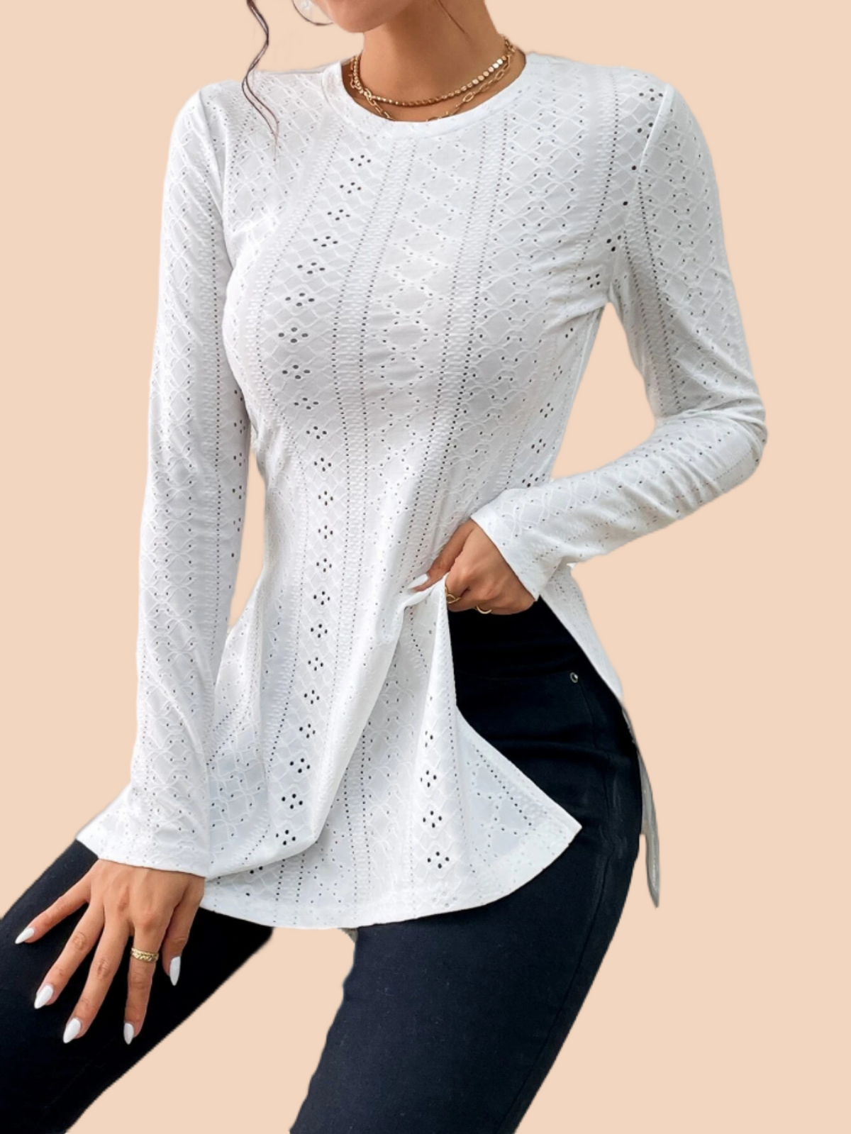 Women's Casual Round Neck Long Sleeve Split Hem Sheer Solid Tee Shirts Blouse Top