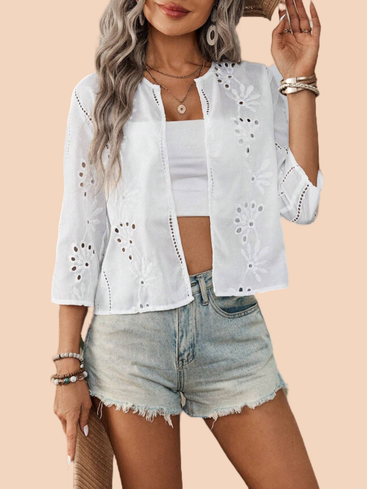 Women's Eyelet Embroidery Open Front Cardigan Hollow Out 3/4 Length Sleeve Jacket