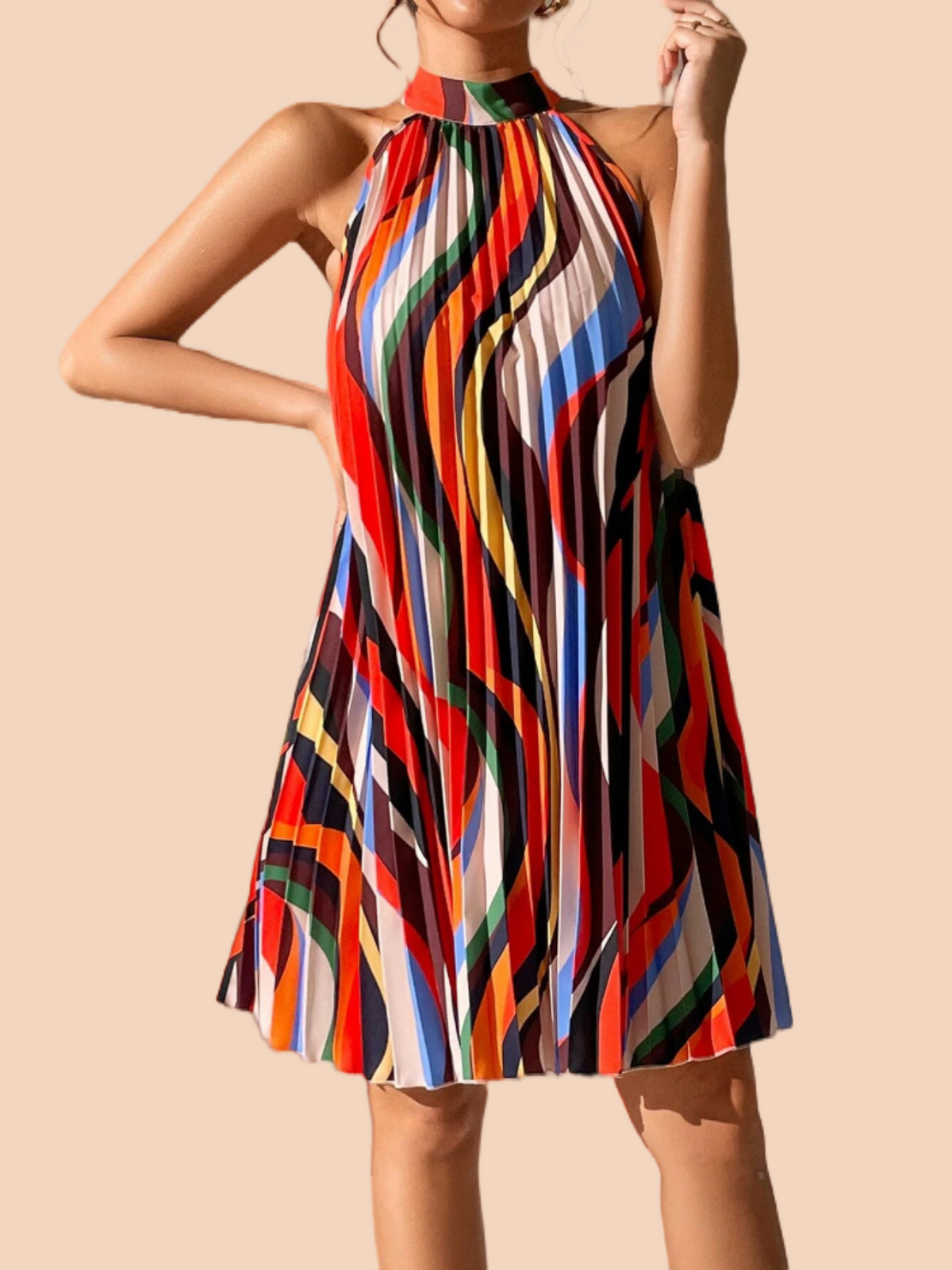 Allover Print Pleated Halter Dress