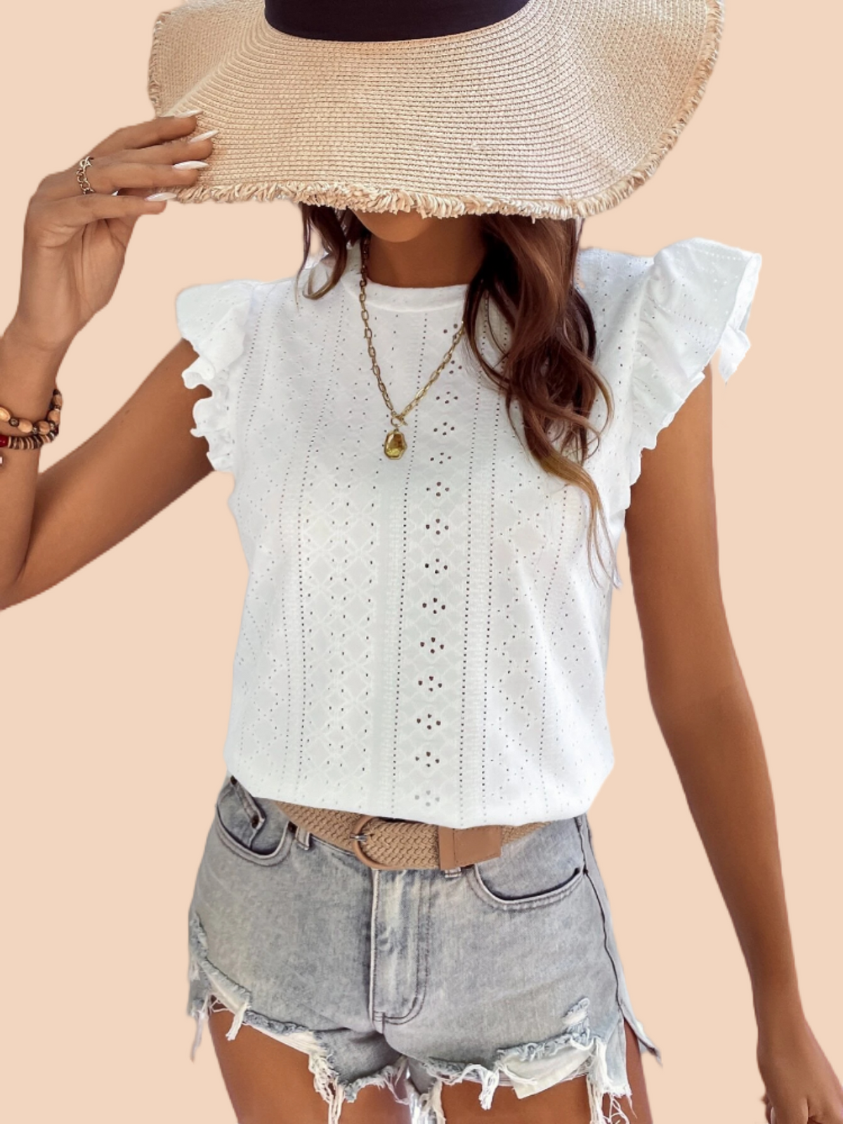 Women's Eyelet Embroidery Ruffle Cap Sleeve Crew Neck Summer Boho Top T Shirt