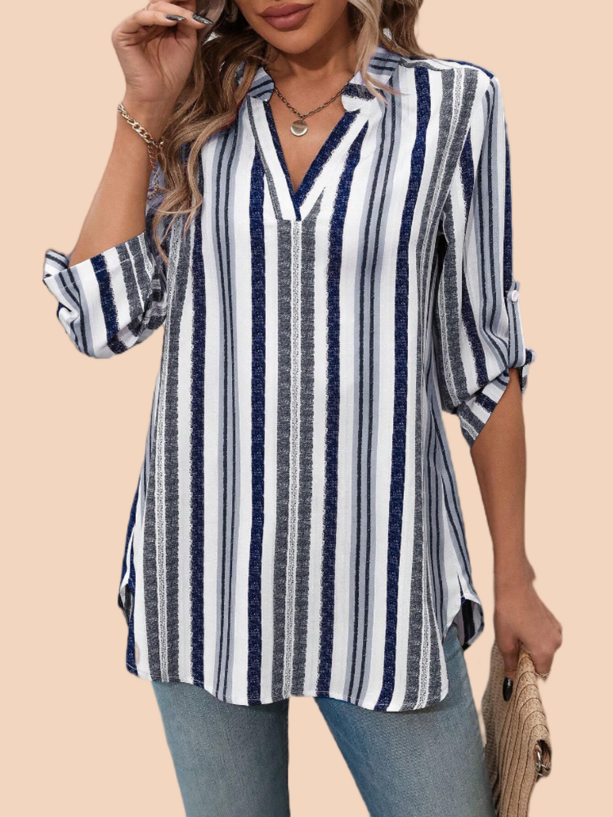 Women Shirts Striped Notched Roll Tab Sleeve Blouse Shirts