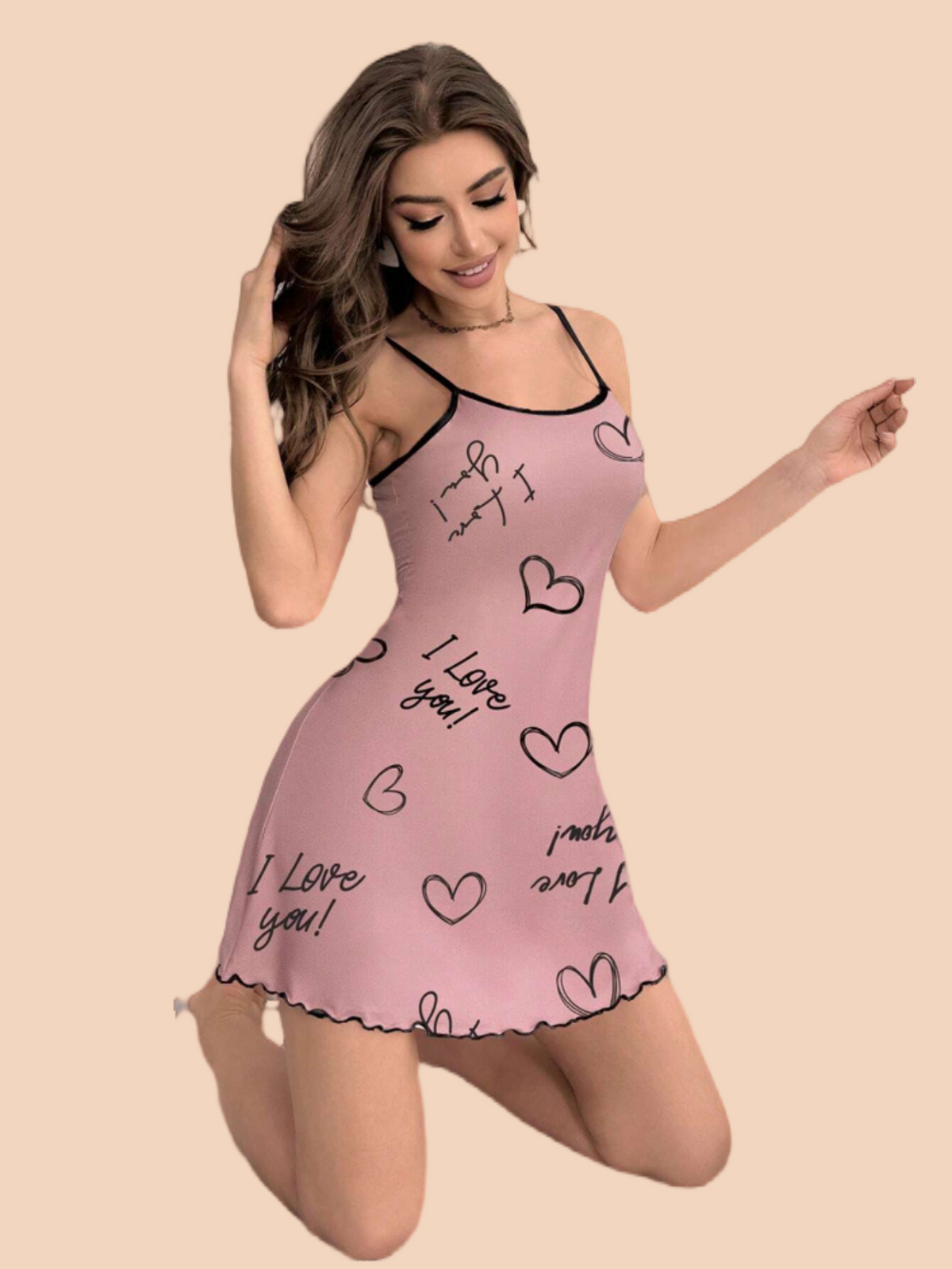 Heart Letter Printed Slip Loungewear Pajama Dress