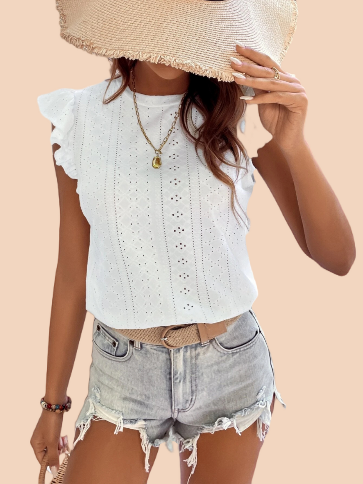 Women's Eyelet Embroidery Ruffle Cap Sleeve Crew Neck Summer Boho Top T Shirt