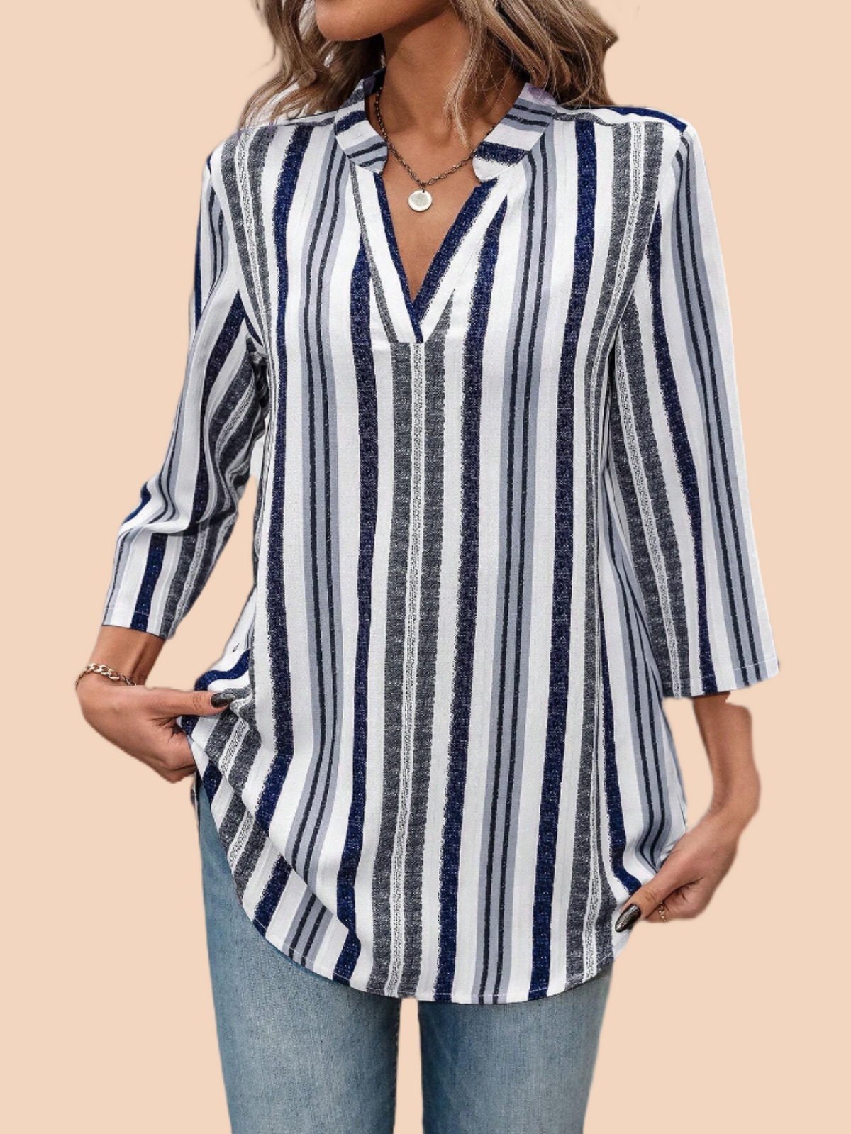 Women Shirts Striped Notched Roll Tab Sleeve Blouse Shirts