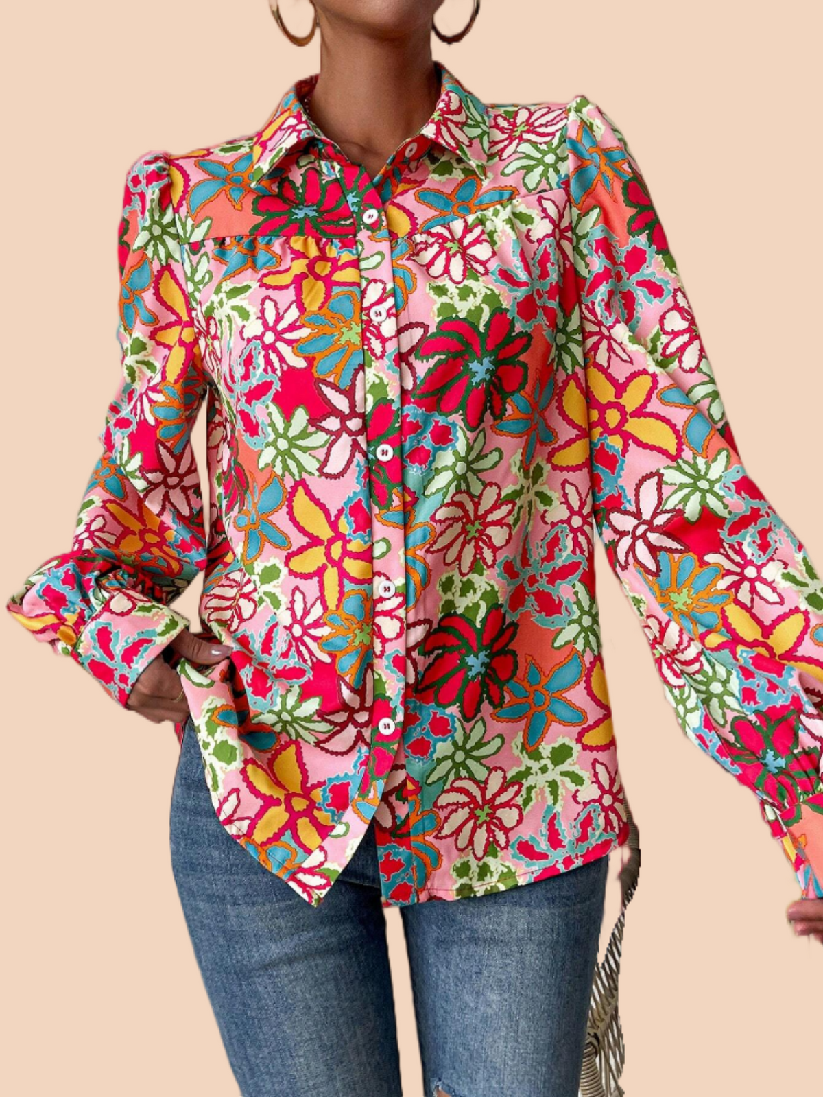 Women's Floral Button Down Shirts Long Sleeve Collared Dressy Blouse Tops