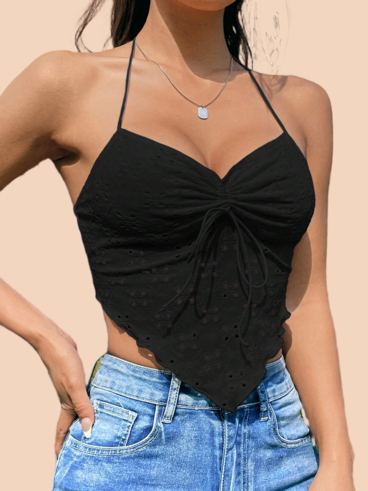 Summer Black Going Out Bow Drawstring Front Backless Halter Scarf HemTop