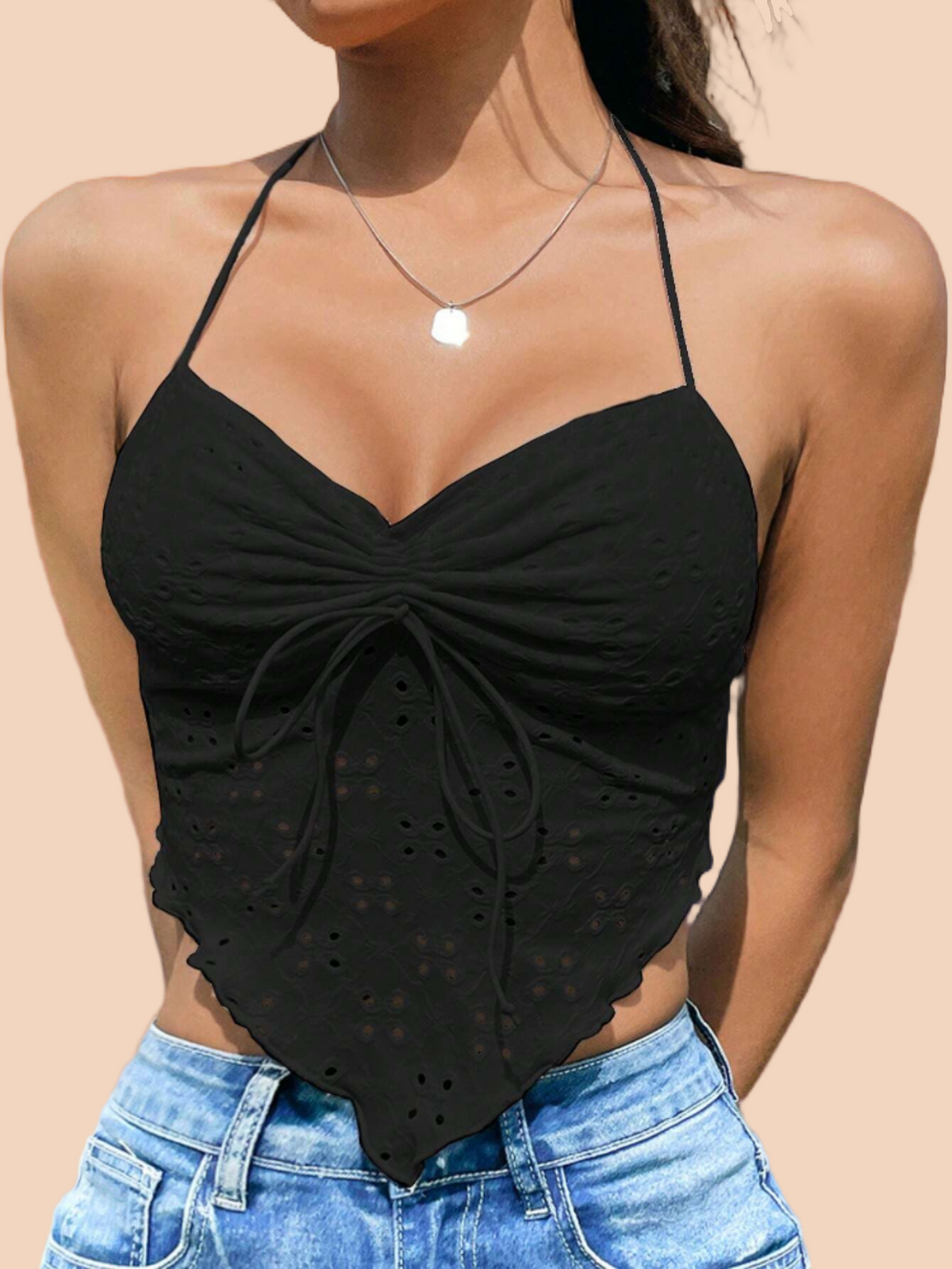 Summer Black Going Out Bow Drawstring Front Backless Halter Scarf HemTop