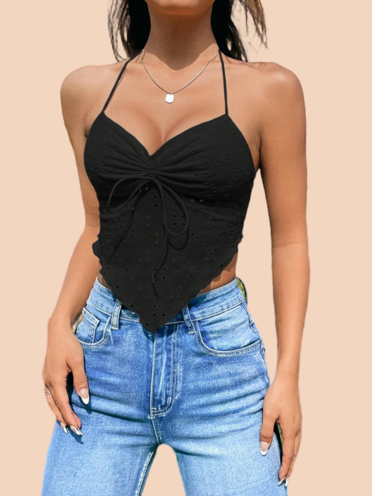 Summer Black Going Out Bow Drawstring Front Backless Halter Scarf HemTop